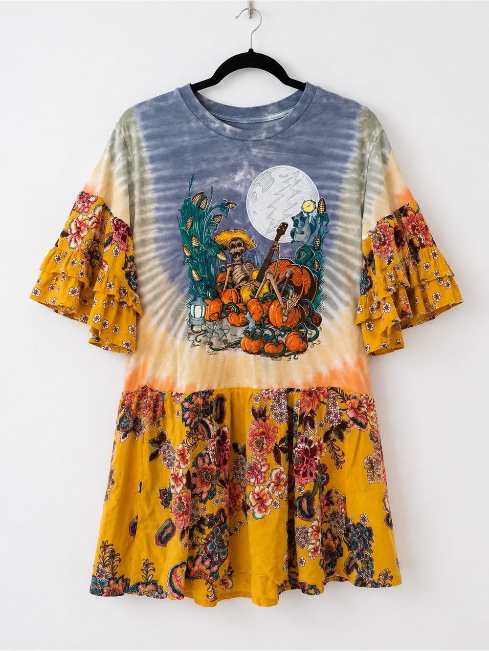 Grateful Dead Halloween Tie Dye Tunic Dress Floral Ruffle OOAK